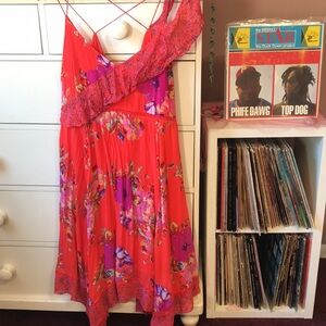 Anthropologie Maeve Grecia Ruffle Dress 14 Red Pink Midi Bias Asymmetrical Y2k L